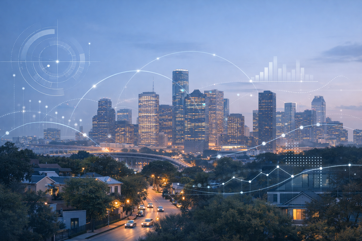 City skyline overlaid with data visualization graphics representing health program measurement