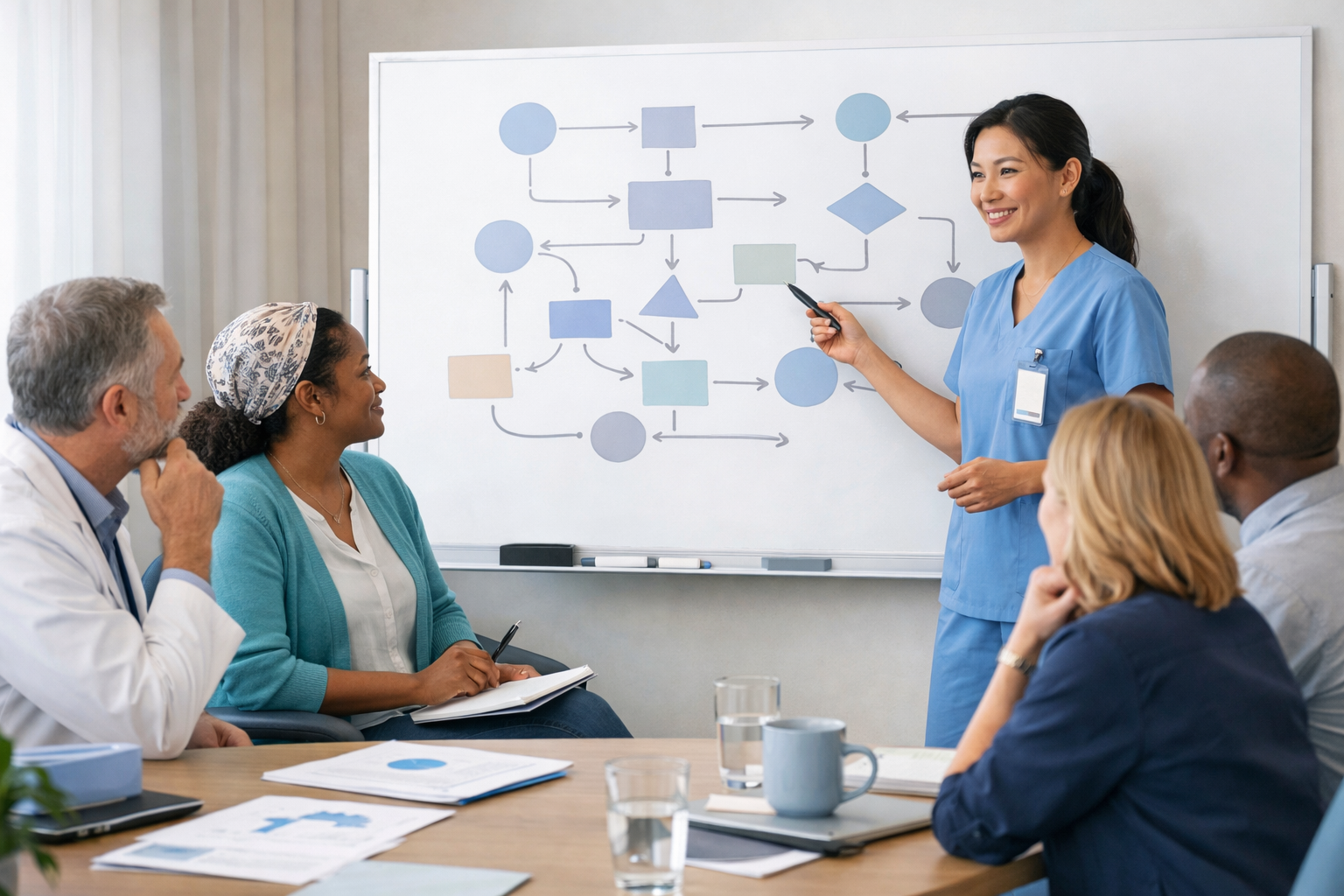 Nurse presenting a care workflow diagram on a whiteboard to a multidisciplinary team