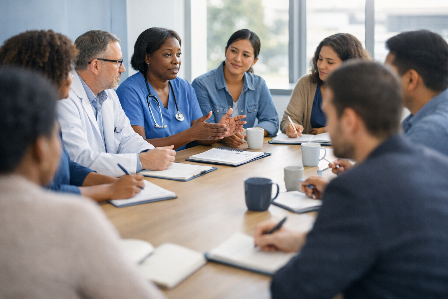 A diverse healthcare team engaged in a collaborative roundtable discussion